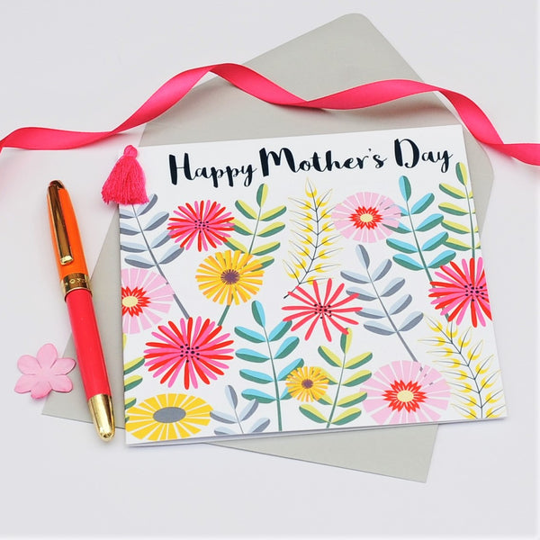 Mother's Day Card, Flowers & Leaves, Embellished with a colourful tassel