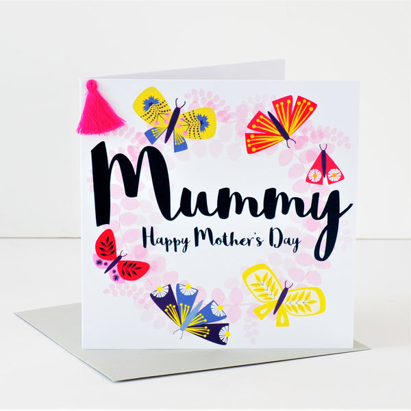 Mother's Day Card, Butterfly Wreath, Mummy, Embellished with a colourful tassel