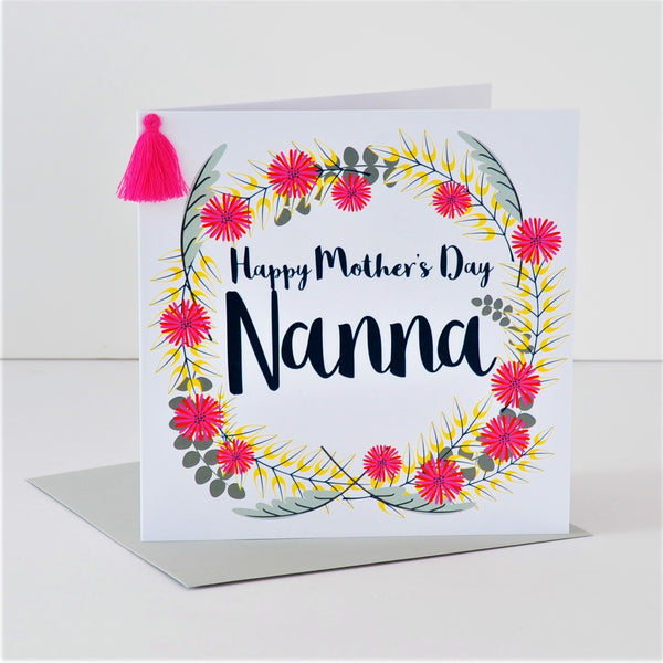 Mother's Day Card, Yellow Leaf Wreath, Nanna, Embellished with a tassel