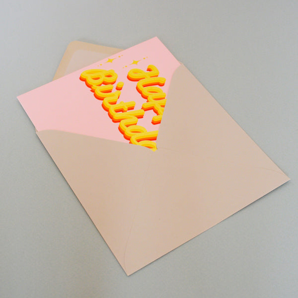 Birthday Card, Happy Birthday, Pink background and stars, with gold foil