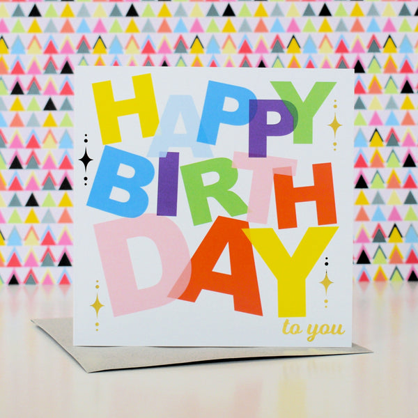 Birthday Card, Scattered letters with stars and gold foil