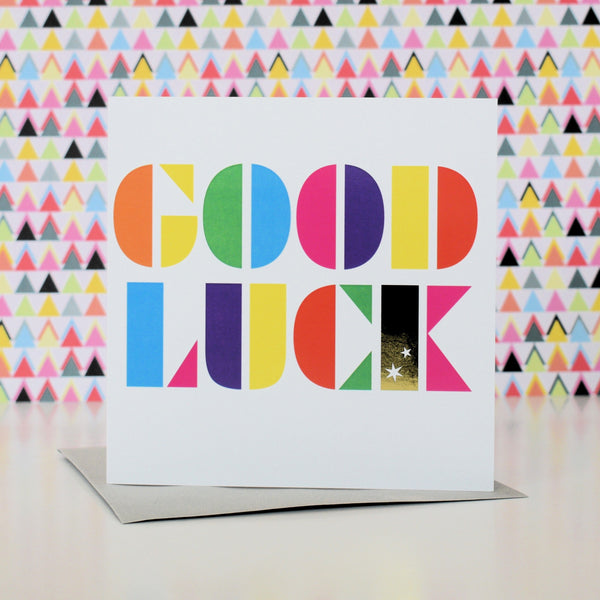 Good Luck Card, Rainbow stencil letters, with gold foil