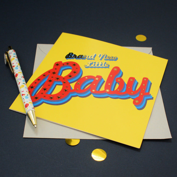 New Baby Card, Red on yellow background with stars and gold foil