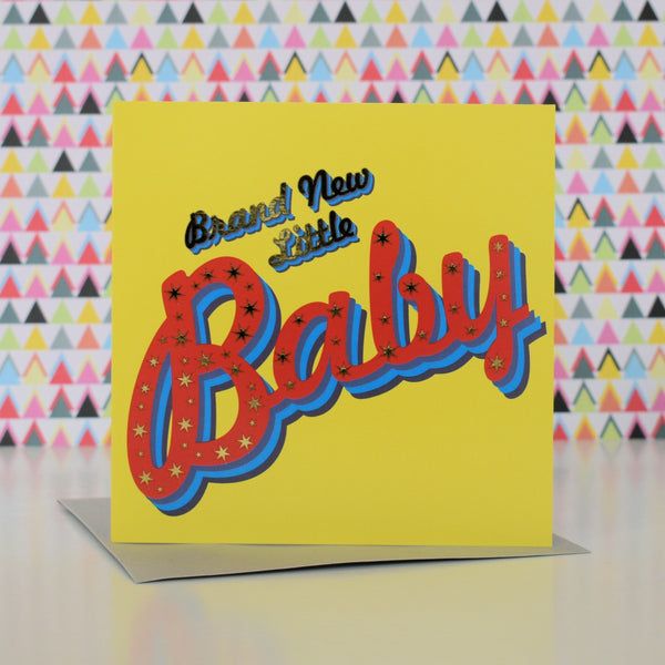 New Baby Card, Red on yellow background with stars and gold foil