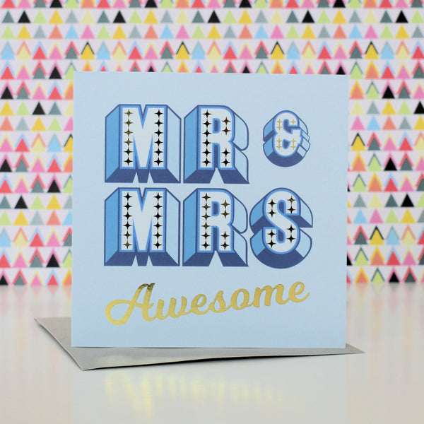 Wedding Card, Mr & Mrs Awesome, blue block letters, with gold foil