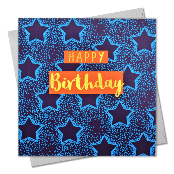 Birthday Card, Blue Stars, Happy Birthday, text foiled in shiny gold