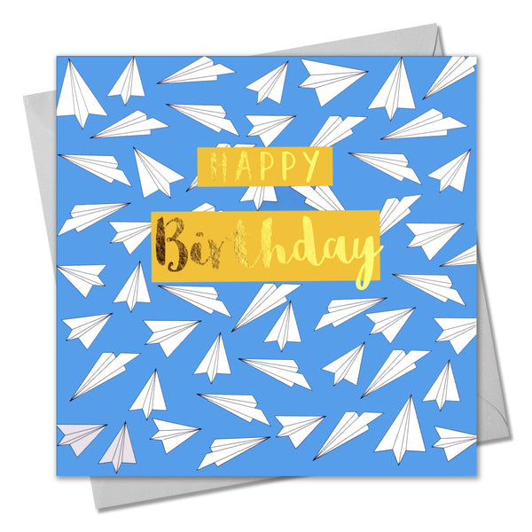 Birthday Card, Paper Planes, Happy Birthday, text foiled in shiny gold