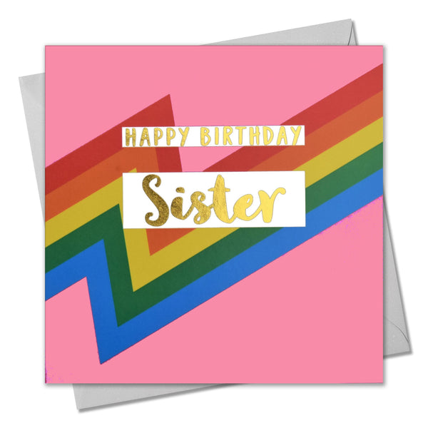 Birthday Card, Sister, Pink Colour Bolts, text foiled in shiny gold