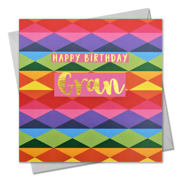 Birthday Card, Gran, Colourful Diamonds, text foiled in shiny gold
