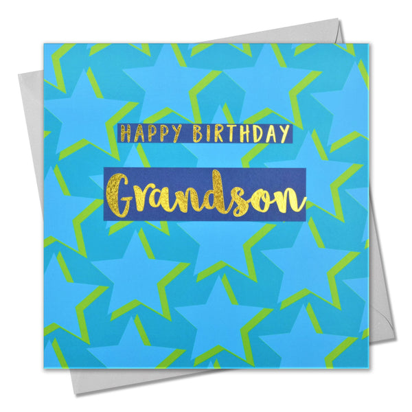 Birthday Card, Grandson Blue Stars, text foiled in shiny gold