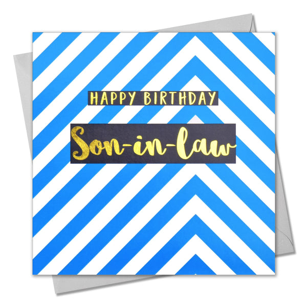 Birthday Card, Son-in-law Blue Chevrons, text foiled in shiny gold
