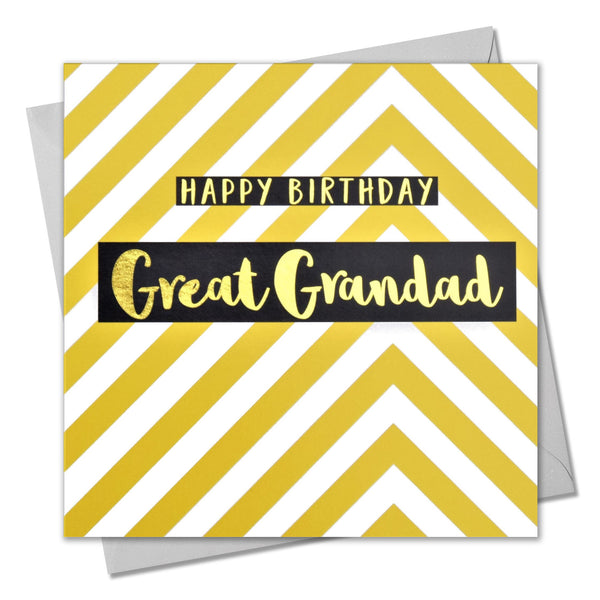 Birthday Card, Great Grandad Yellow Chevrons, text foiled in shiny gold