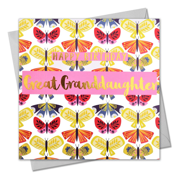 Birthday Card, Great Granddaughter Butterflies, text foiled in shiny gold