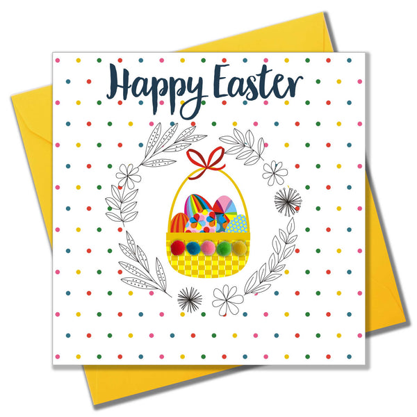 Easter Card, Basket of Eggs, Embellished with colourful pompoms