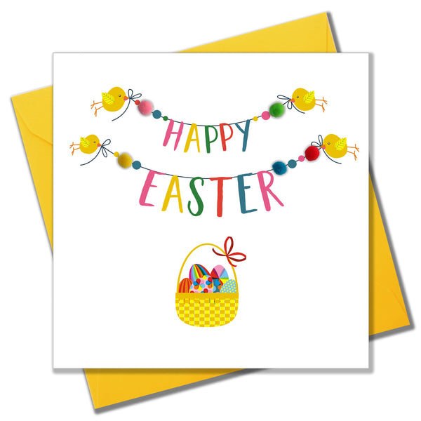 Easter Card, Chicks with Bunting, Embellished with colourful pompoms