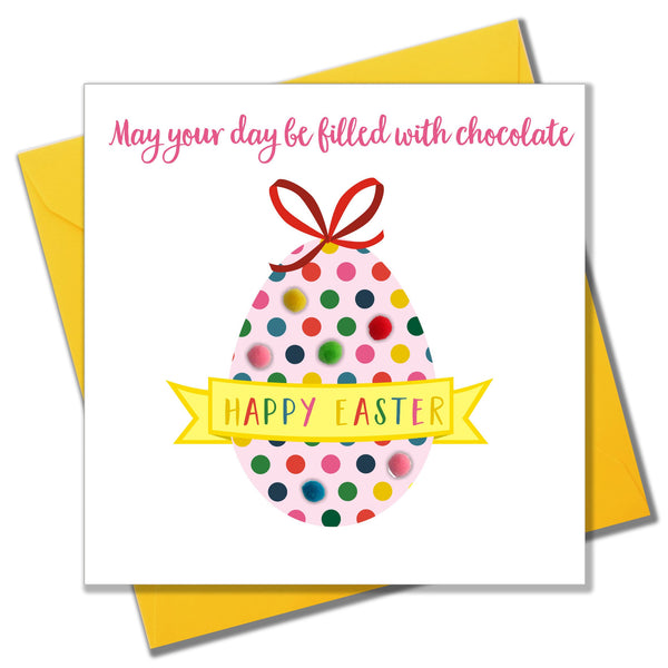 Easter Card, Big Chocolate filled Easter Egg, Embellished with colourful pompoms