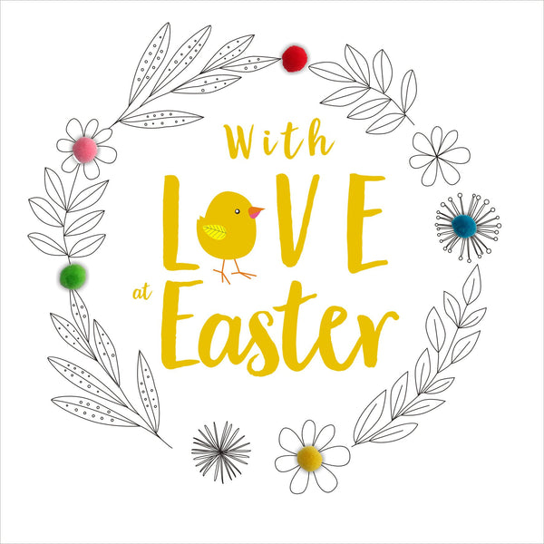 Easter Card, Chick and Wreath, Embellished with colourful pompoms