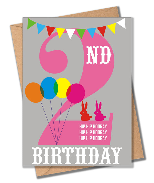 Birthday Card, Pink Age 2, 2nd Birthday, Hip Hip Hooray