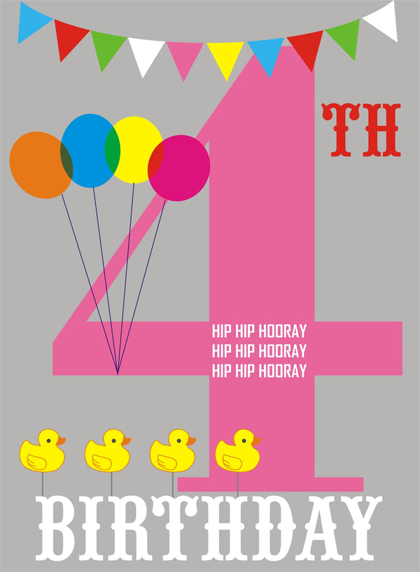 Birthday Card, Pink Age 4, 4th Birthday, Hip Hip Hooray