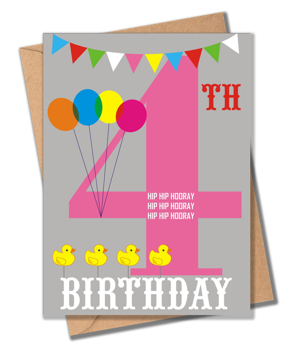 Birthday Card, Pink Age 4, 4th Birthday, Hip Hip Hooray