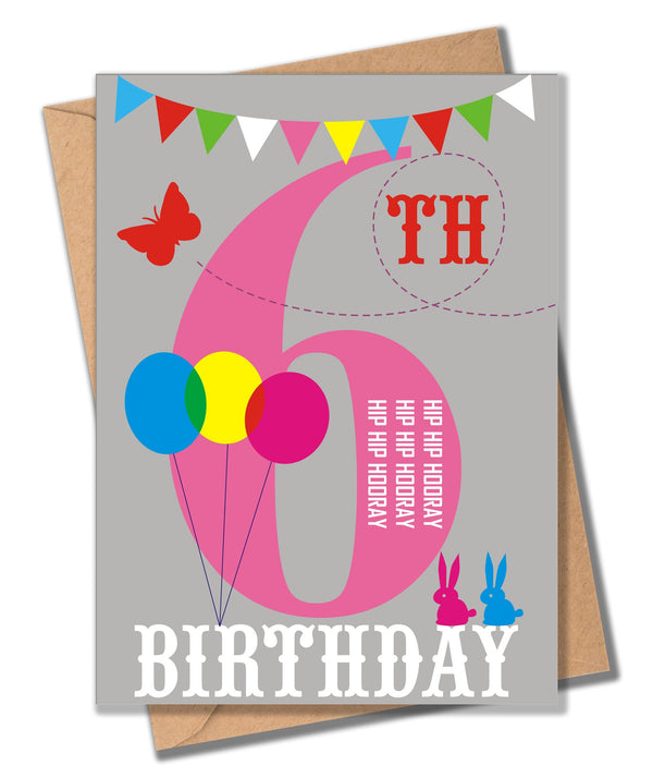 Birthday Card, Pink Age 6, 6th Birthday, Hip Hip Hooray