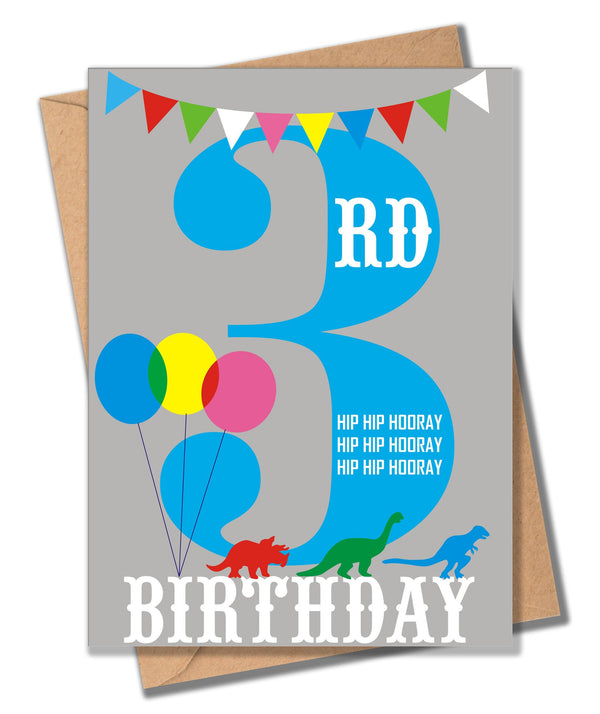 Birthday Card, Blue Age 3, 3rd Birthday, Hip Hip Hooray