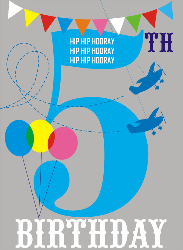 Birthday Card, Blue Age 5, 5th Birthday, Hip Hip Hooray