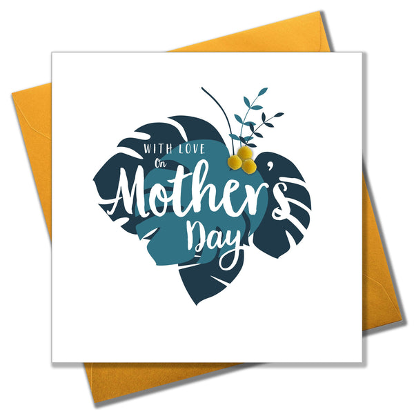 Mother's Day Card, Tropical Leaves, Embellished with colourful pompoms