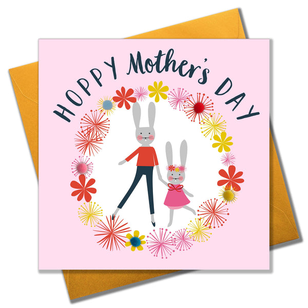 Mother's Day Card, Mummy Bunny, Girl Pink, Embellished with colourful pompoms