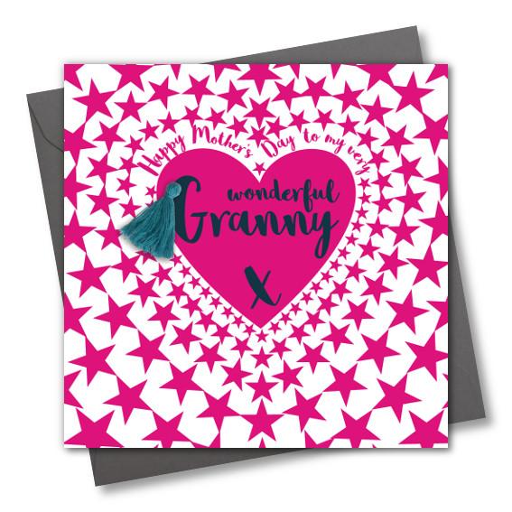 Mother's Day Card, Pink Star heart, Granny, Embellished with a colourful tassel