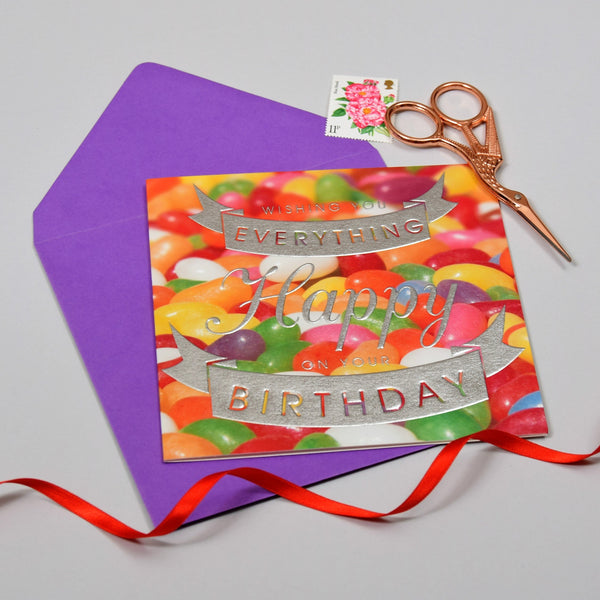 Birthday Card, Jelly Beans, Birthday Wishes, Embossed and Foiled text