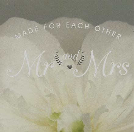 Wedding Card, White Peonie, Mr and Mrs , Embossed and Foiled text