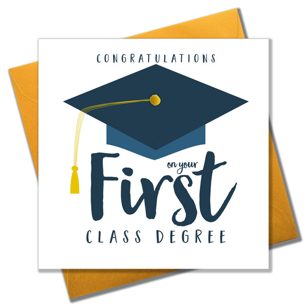 Congratulations on Frist class Degree Card, Mortar Hat, Embellished with pompoms