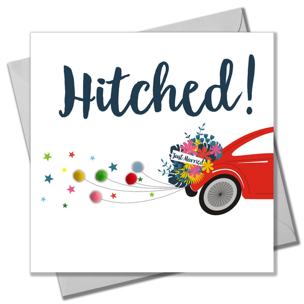 Wedding Card, Hitched! Car, Just Married, Embellished with colourful pompoms