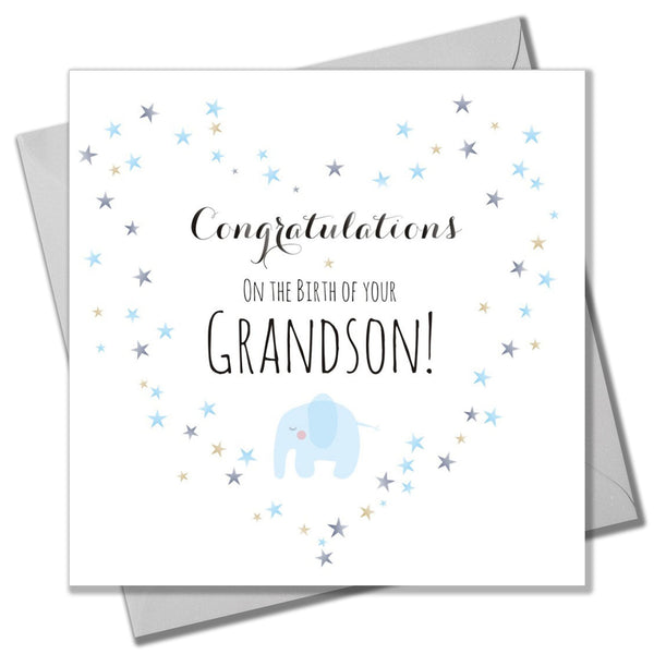 Baby Card, Blue Elephant and Heart, Birth of Grandson