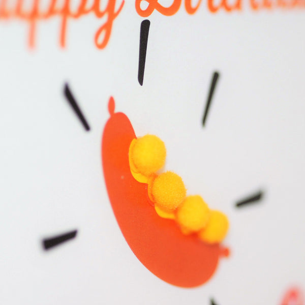 Birthday Card, Hello Sausage, Embellished with colourful pompoms