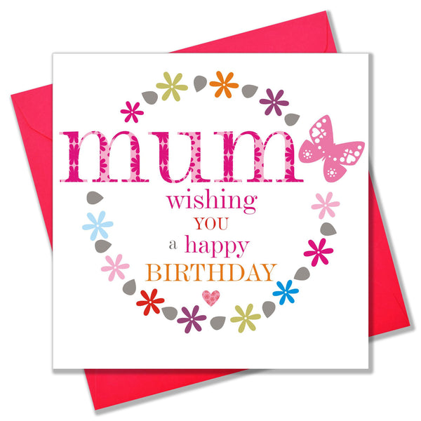 Birthday Card, Pink Flowers, Mum, Wishing you a Happy Birthday