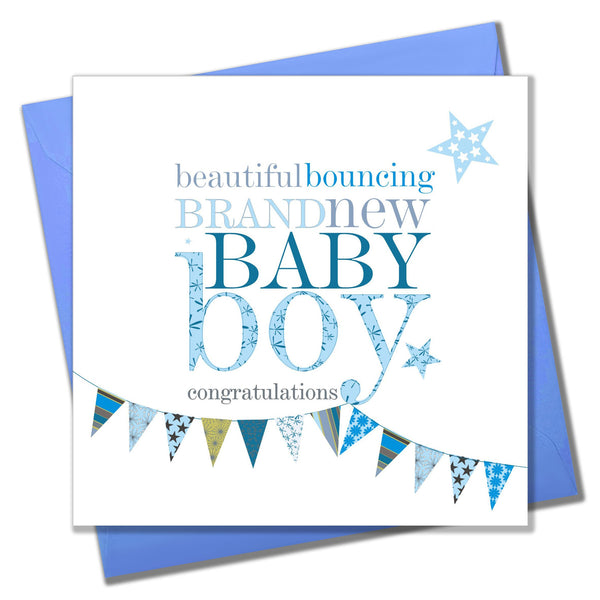 Baby Card, Blue Bunting, Beautiful bouncing brand new Baby Boy