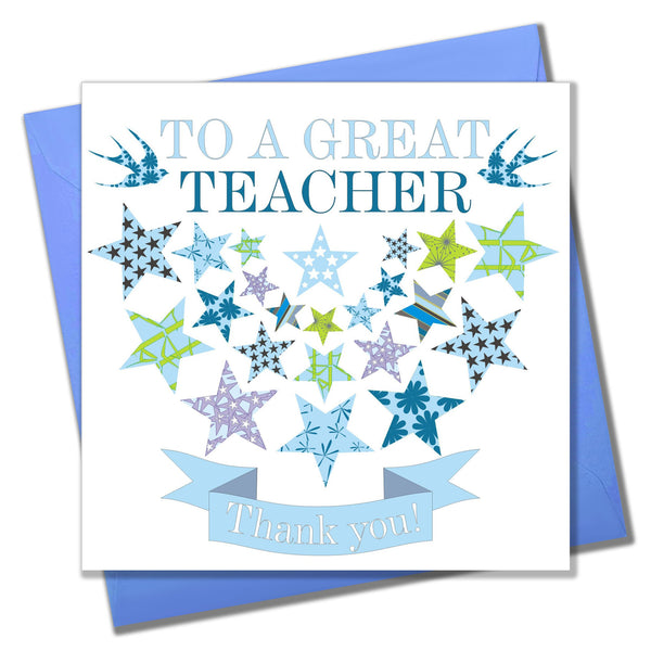 Thank You Card, Blue Stars, To a Great Teacher