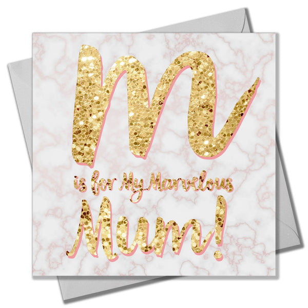 Mother's Day Card, Marble background, M for Marvelous Mum