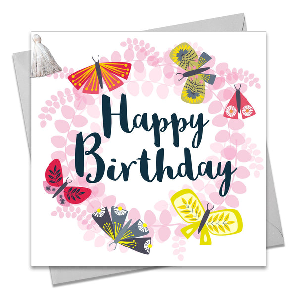Birthday Card, Butterfly Wreath, Embellished with a colourful tassel