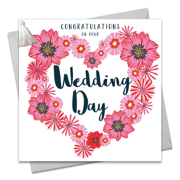 Wedding Congratulations Card, Flowers Heart, Embellished with a colourful tassel