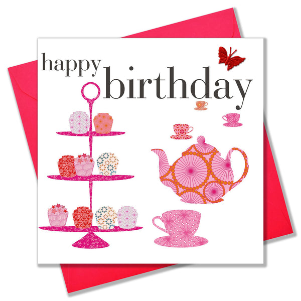 Birthday Card, Tea & Cakes, embellished with a pretty fabric butterfly