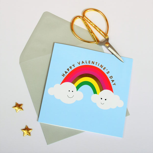 Valentines Day Card, Clouds and Rainbow, text foiled in shiny gold