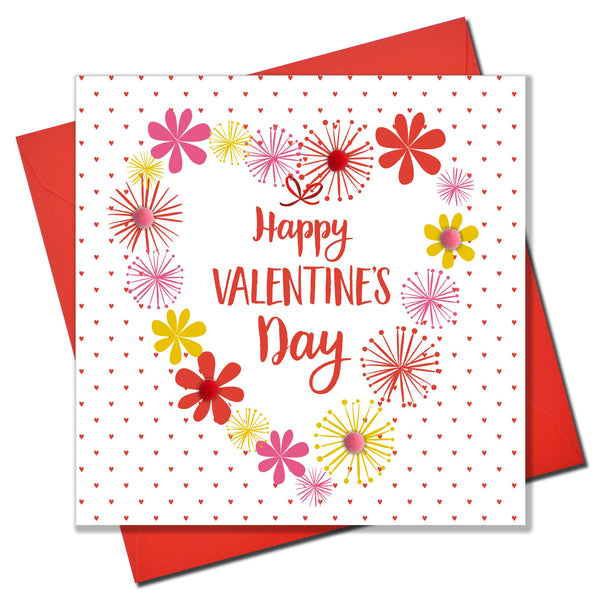 Valentine's Day Card, Heart of Flowers, Embellished with colourful pompoms