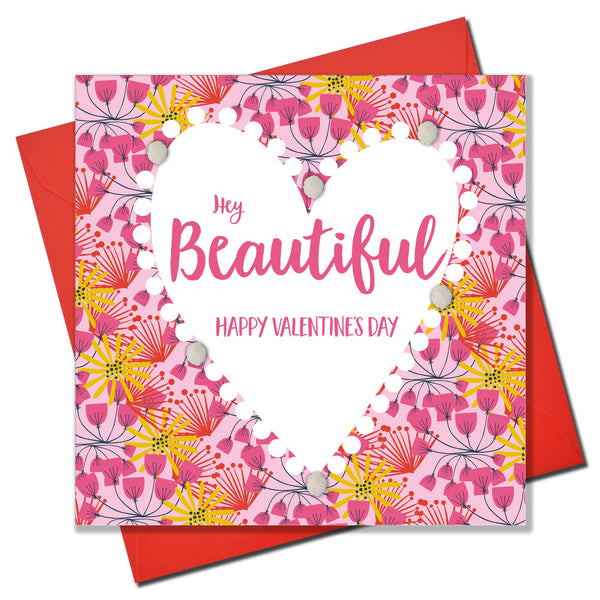 Valentine's Day Card, Heart Pattern, Embellished with colourful pompoms
