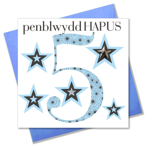 Welsh Birthday Card, Penblwydd Hapus, Age 5 Boy, Embellished with a padded star