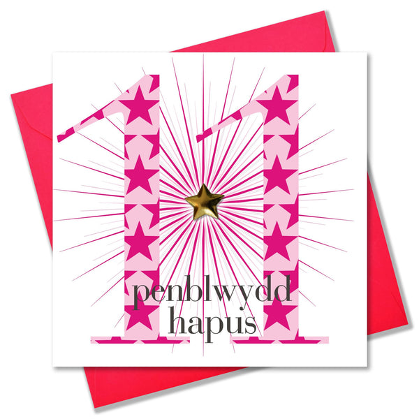 Welsh Birthday Card, Penblwydd Hapus, Age 11 Girl, padded star embellished
