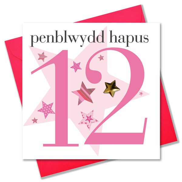 Welsh Birthday Card, Penblwydd Hapus, Age 12 Girl, padded star embellished