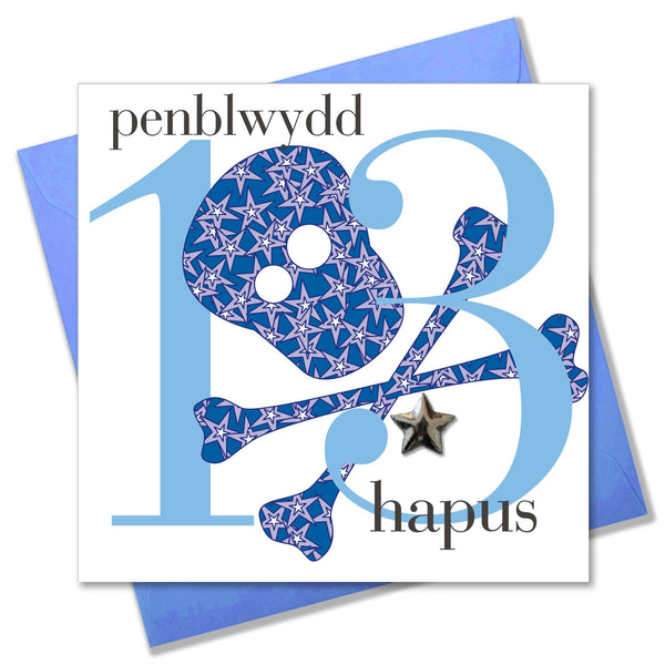 Welsh Birthday Card, Penblwydd Hapus, Age 13 Boy, Embellished with a padded star